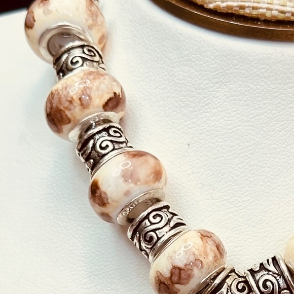 925 Sterling Silver chain Large Round Shell Pendant. Tan Beads w/Tibetan Spacers - Picture 3 of 4